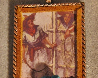Altered Art Western Christmas Ornament Cowgirl Cowboy Lasso Large Turquoise Nugget