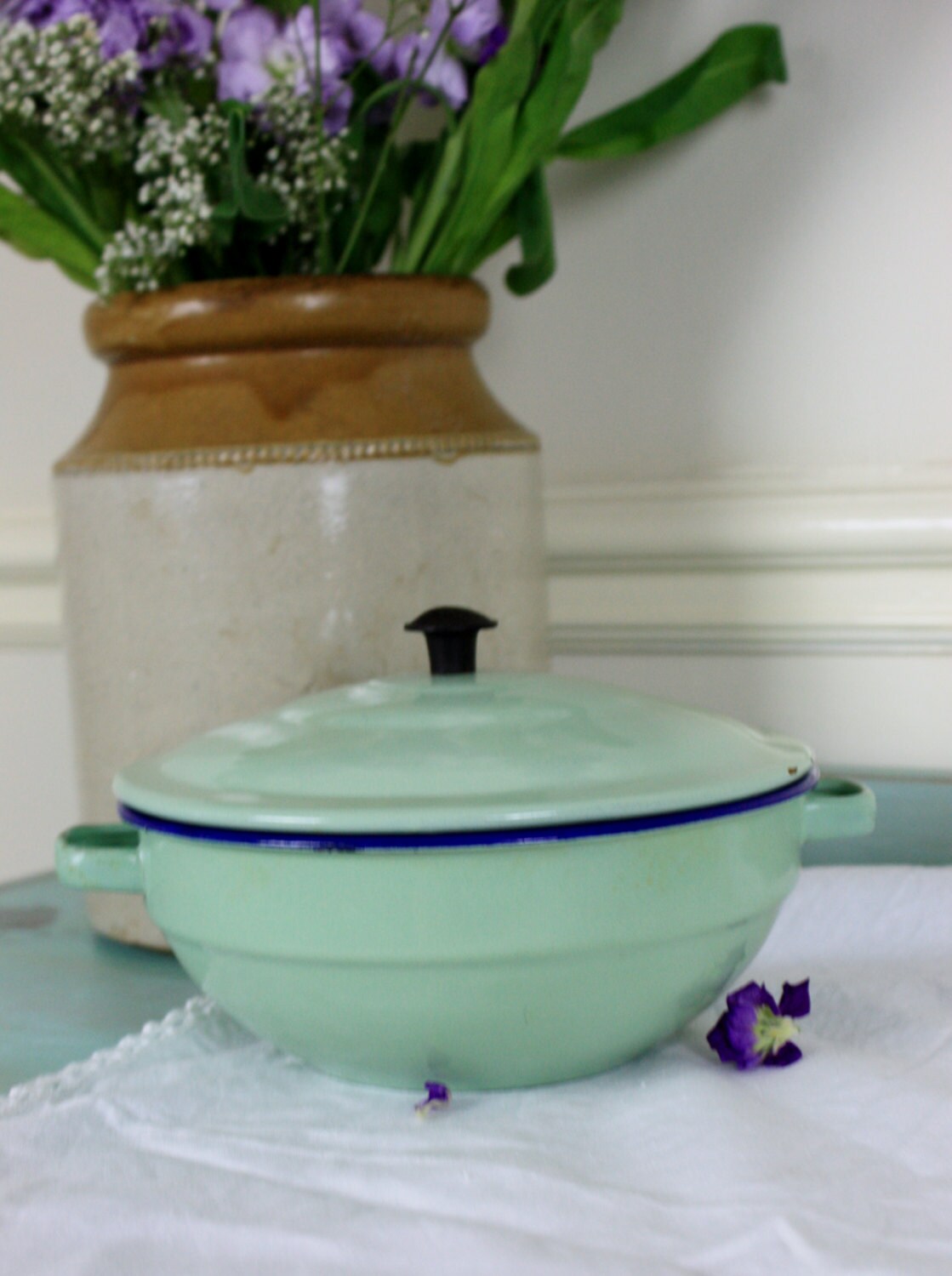 Lovely Mint Green Vintage Enamel Dish with Lid by Restored2bloved