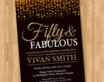 50th birthday invitation for women. Fifty and fabulous. Golden 50. Gold Glitter Glam Birthday Invite.Any age. Printable digital DIY.