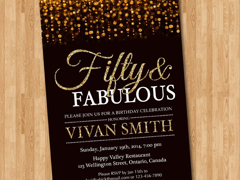  50th birthday invitation for women Fifty and fabulous Golden