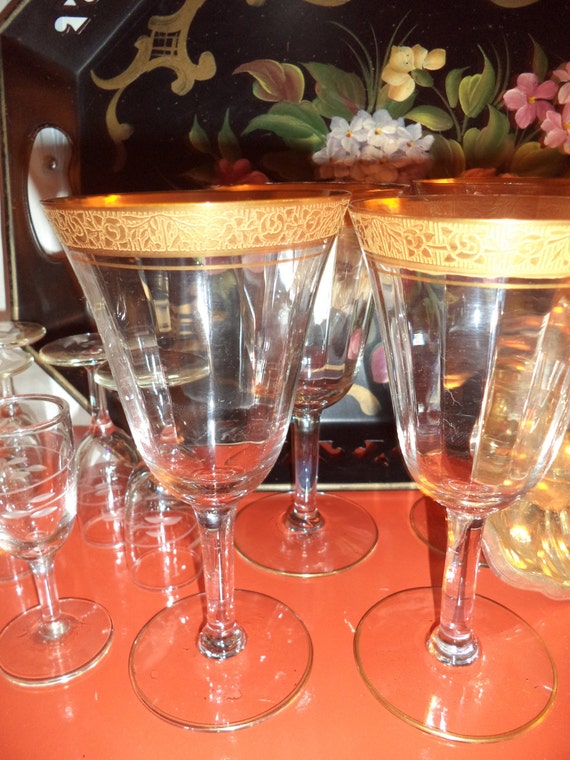 Edwardian Antique Crystal Gold Trim Wine Glasses Set Of 4