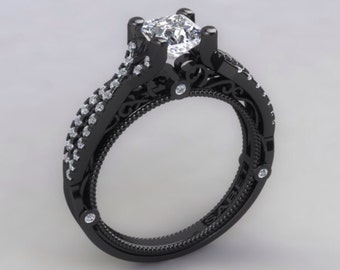 Princess Cut White Sapphire Engagement Ring 14kt Black Gold Ring Lab Grown Princess Cut White Sapphire Center and Lab Round Sapphire Sides
