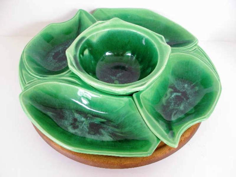 Lazy Susan California Original Pottery Made in USA Green Drip Vintage