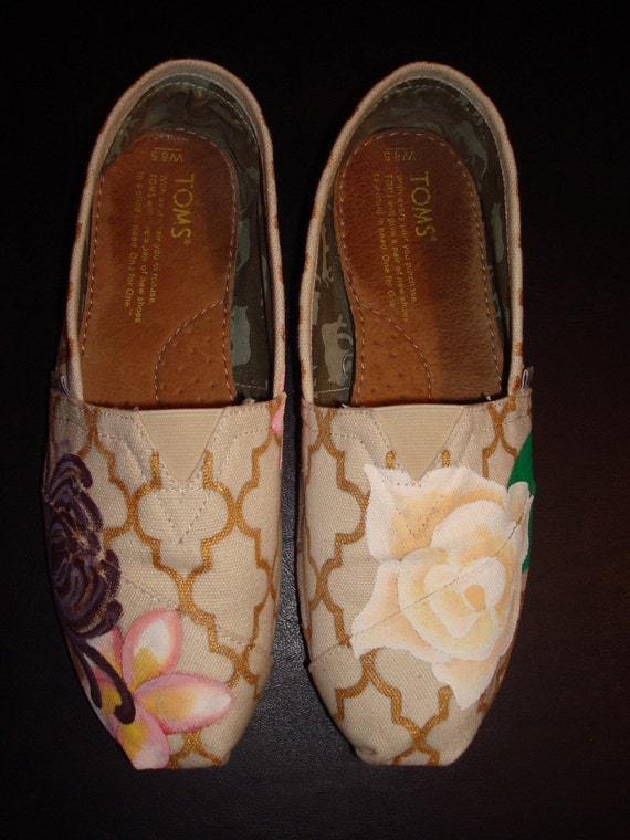 Items similar to Custom handpainted TOMS shoes, Gold & Flowers on Etsy