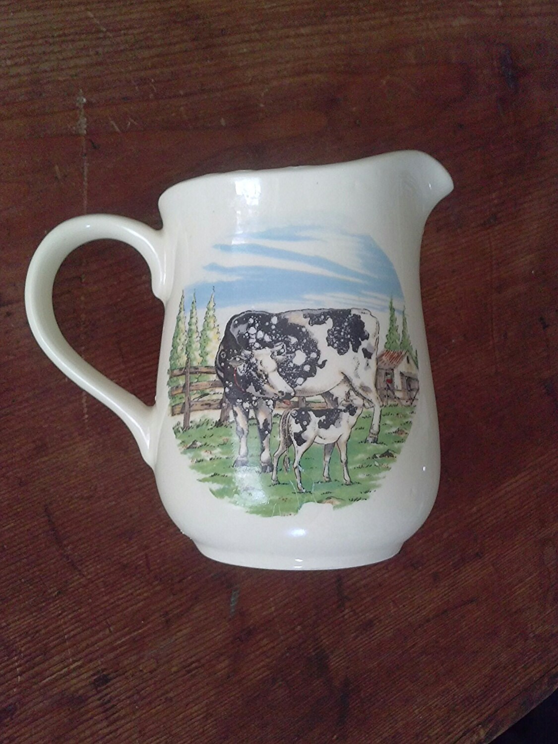Cow Milk Pitcher Cow and Calf on the Farm Scene Sweet Cottage Chic