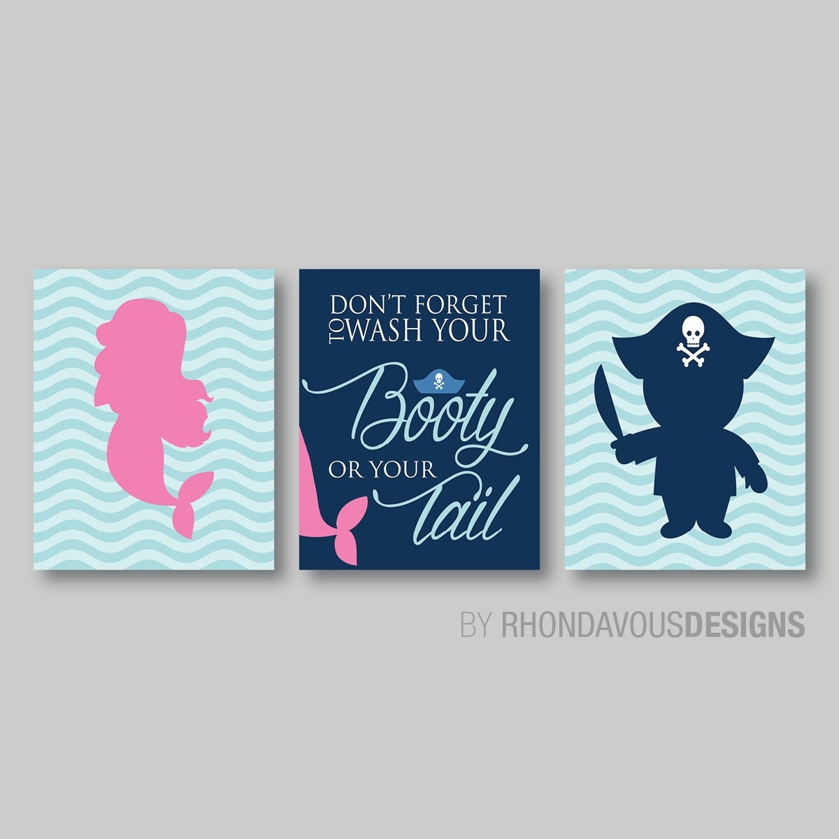 Kid Bathroom Art Print. Mermaid Pirate Bath by RhondavousDesigns2