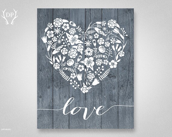 Download Floral heart rustic wood background printable love wall art