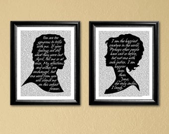 Pride and Prejudice, 2-8x10 or 2-11x14 in printables of Elizabeth and Darcy silhouettes (Instant Download-Printable)