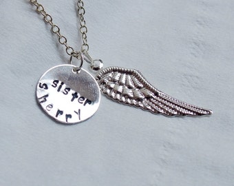 Engraved necklace, Engraved initial, Angel wing necklace, angel wing ...