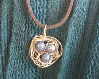 Hand-Crafted Wire-Wrapped Silver Bird Nest on 18" Leather Chain