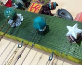 Necklace hanger / wall rack / jewelry holder / necklace display recycled wood decor - hunter & teal green topped with yellow 4 hooks 5 knobs