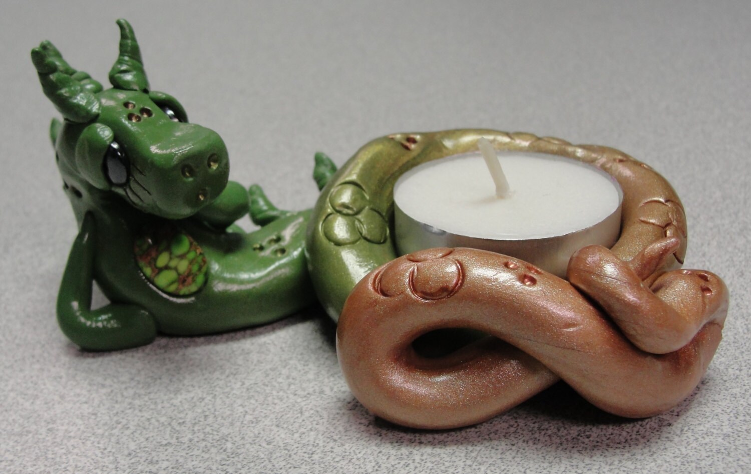 OOAK polymer clay dragon tea light candle holder