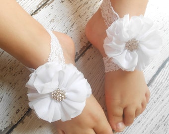 White flower Baby Barefoot Sandals ,Chiffon Flowers , Toddler Sandals ,Newborn Sandals ,Baby Flower Sandals