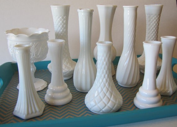 Set of 11 Milk Glass Vases in various sizes