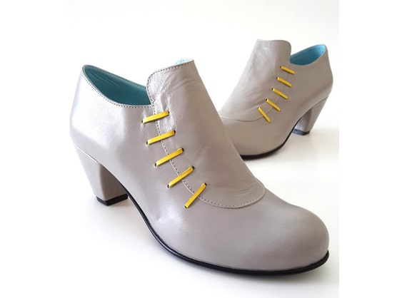 NEW Fall collection, Grey heels shoes with yellow shoelace and side zipper  , women's shoes ,handmade leather shoes, free shipping, VAASA