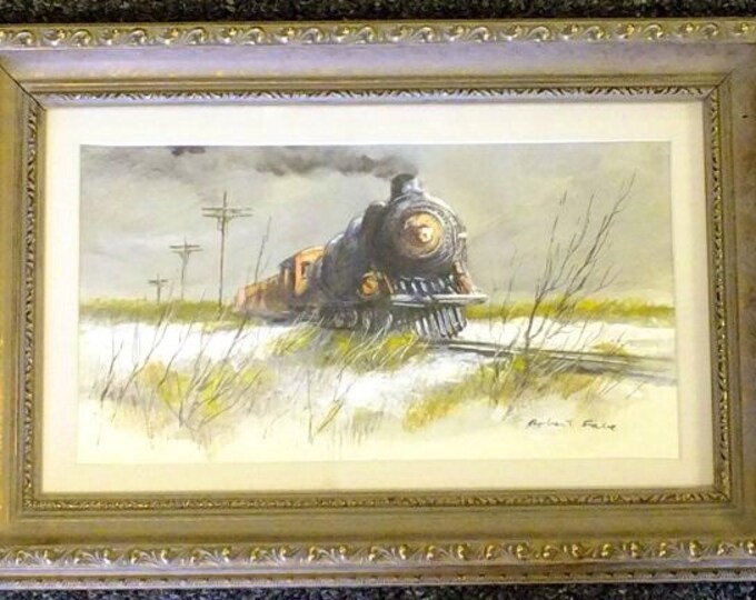 Storewide 25% Off SALE Original Artwork by Listed Artist Robert Fabe (1917- 2004) Featuring Moving Locomotive Winter Scene, Original Artist