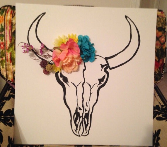 Items similar to Cow Skull Canvas with Flower Crown on Etsy