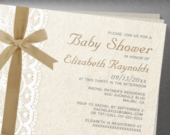 brown bow & lace baby shower invites