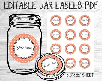 PDF Editable - Canning Jar labels - Printable Template - Peach polka dot