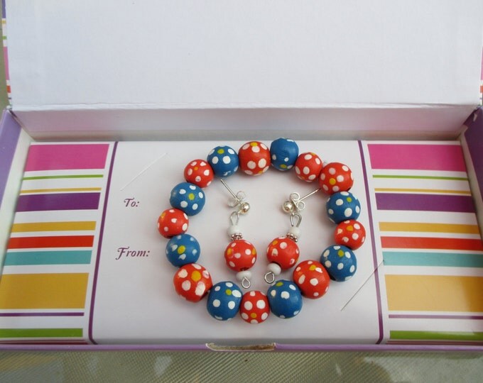 Girls bracelet and earring set-Little girls jewelry-Childrens bracelet-4th of July bracelet-Red white and blue jewelry-summer gifts for kids