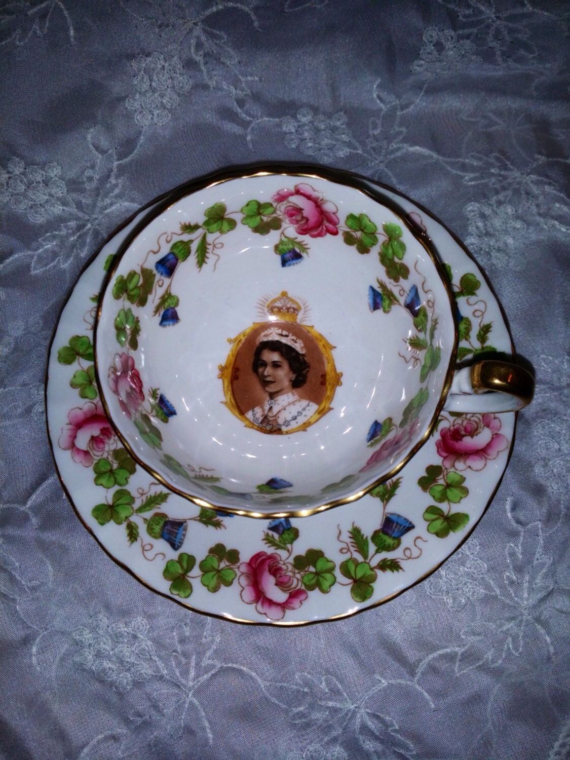 Aynsley Royalty Queen Elizabeth 1953 Coronation Cup and Saucer, Hand Painted Fine Bone China