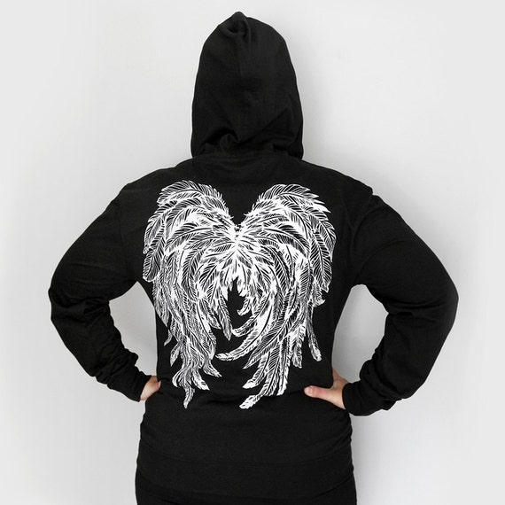 Unisex XXL Black Hooded Zip Up Lightweight Hoodie with Angel