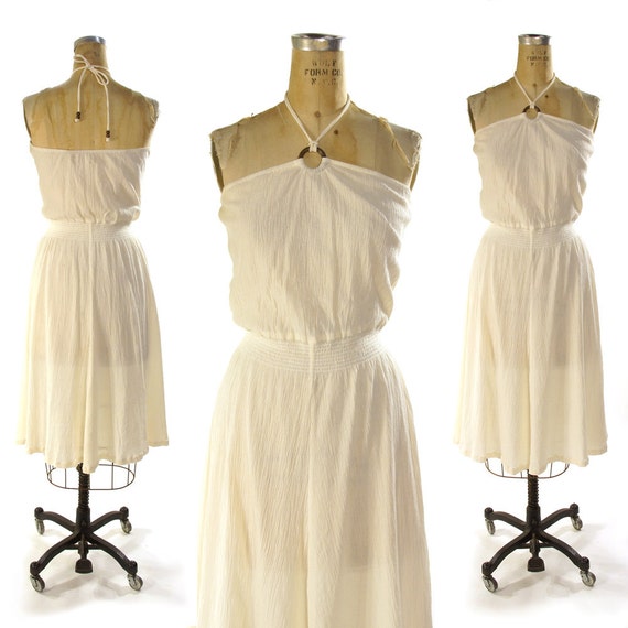 Cotton Gauze Halter Sundress / Sheer White Summer Dress