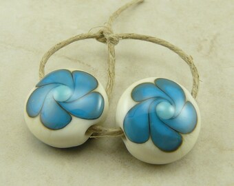 Oxidized Turqioise Cactus Flowers - Weathered Western Rodeo Indian Ivory Floral - Lampwork Bead Pair Mini Set - SRA - I ship Internationally