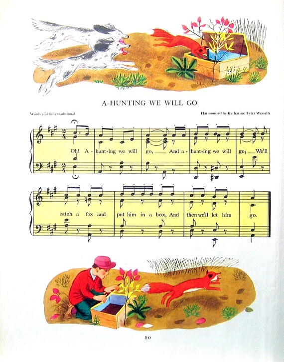 Nursery Rhyme Print A Hunting We Will Go 1945 First