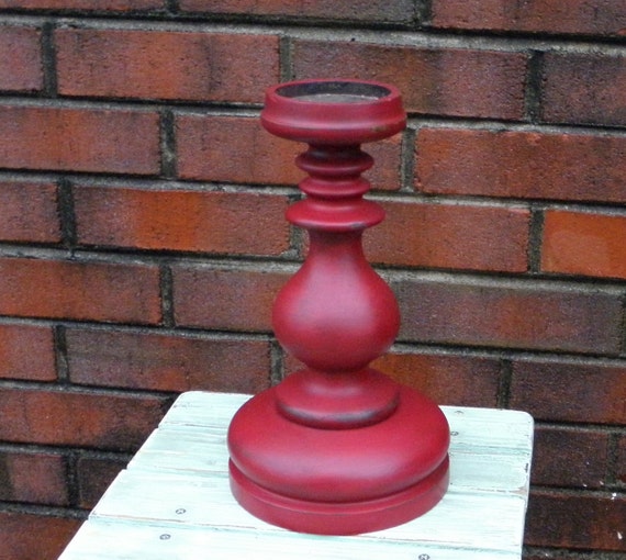 Red Wood Candle Holder Chunky Curvy Candlestick