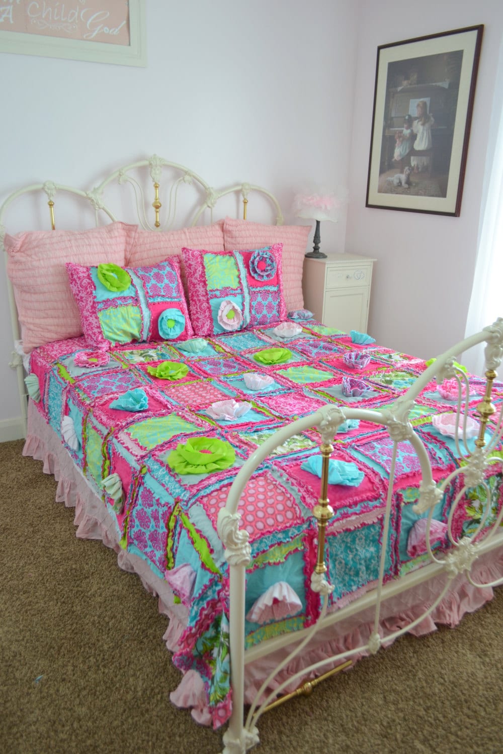 New Ruffle Flower Rag Quilt in Turquoise and PInk in Multiple Sizes PLUS Pillow Shams