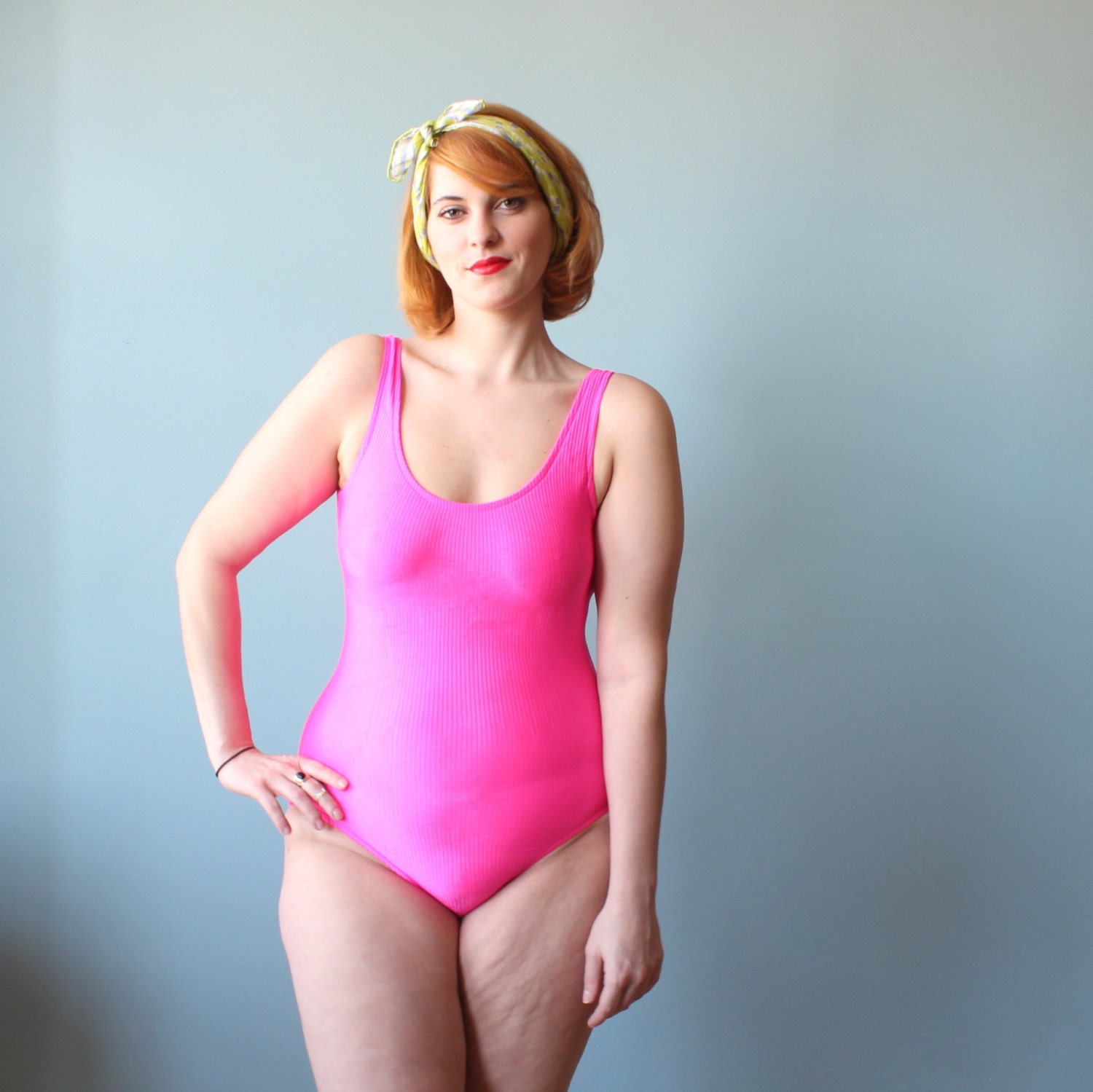 plus size swimsuit / neon pink bathing suit / 1980s / XL