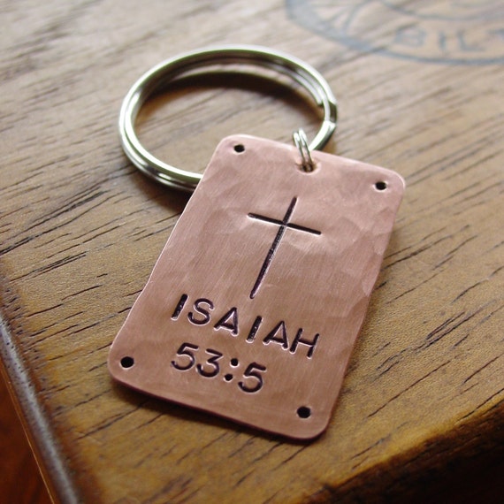 Cross Keychain Bible Verse Keychain Copper Keychain by PearlieGirl
