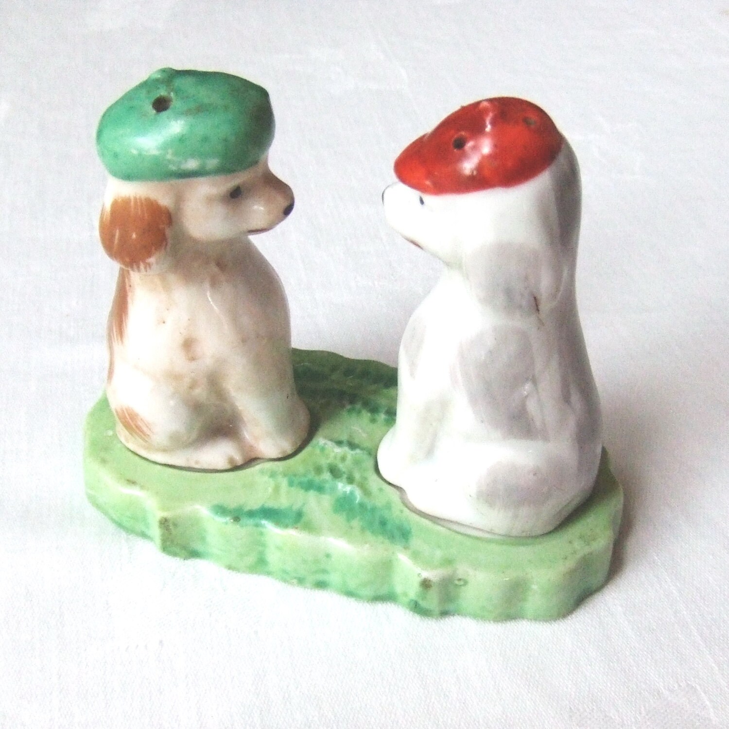 Vintage Dog Salt Pepper Shakers Ceramic with Base