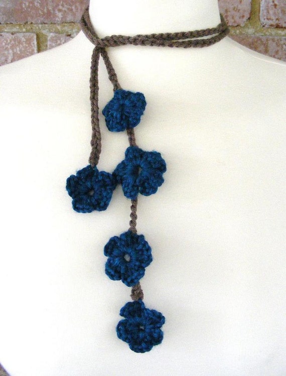 Teal and Mocha Crochet Flower Necklace Lariat by meiguidesigns