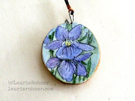 Violets Watercolor Nature Art Wood Pendant Necklace Botanical Spring Illustration