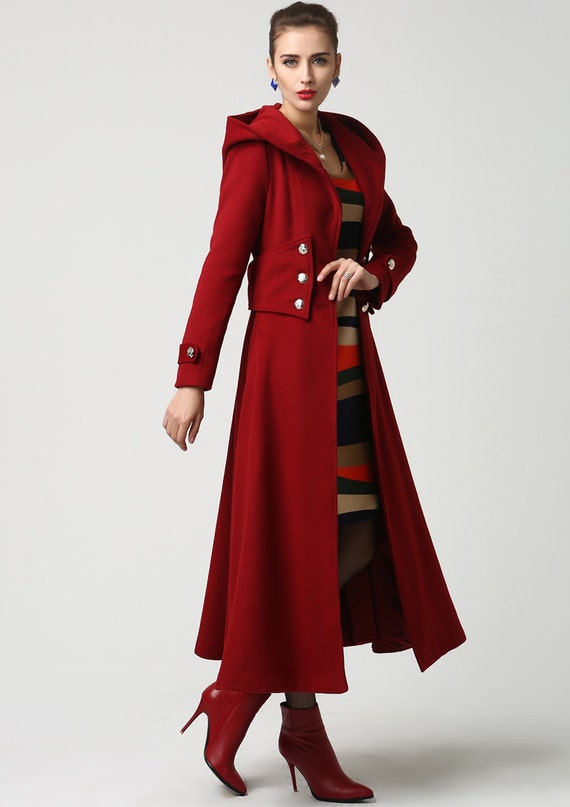 Womens Coat Long Red Coat Hooded Coat Wool Coat Military