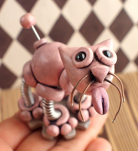 Rustic Mini Robot Cat Sculpture PALE PINK PERI by RobotsAreAwesome