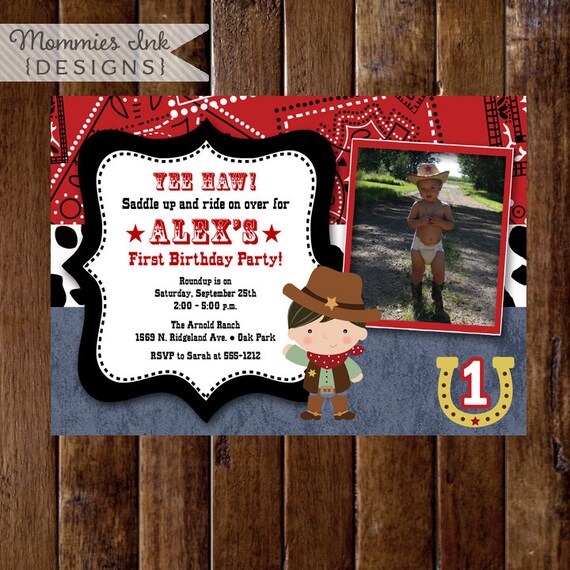 Little Cowboy Western Theme Photo Birthday Invitation - PRINTABLE INVITATION DESIGN Il_570xn