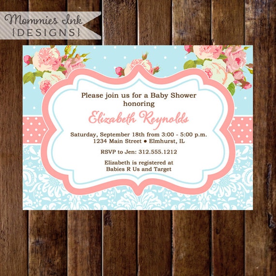 Shabby Style Pink Roses and Light Blue Polka Dots Baby Shower Invite - PRINTABLE INVITATION DESIGN Il_570xn