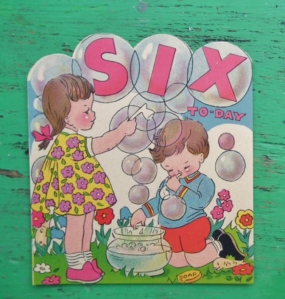 Vintage 30s 40s Birthday Card Age 6 Years Childrens Greetings Card Nursery Art 1930s 1940s Blowing Bubbles Puzzle Card UNUSED