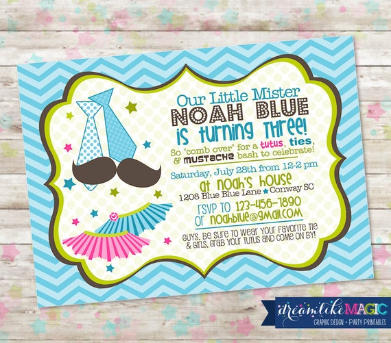 Printable Party Invitation- Little Mister Ties and Tutus Mustache Bash Design Il_570xn