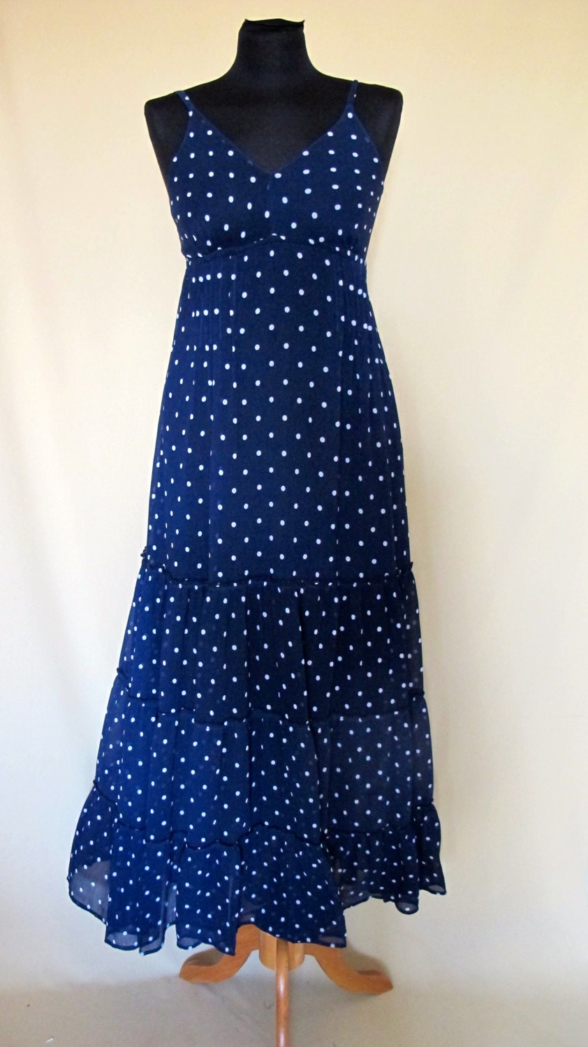Polka Dot Dress Navy Blue Dress Maxi Dress Boho by CharuDesigns