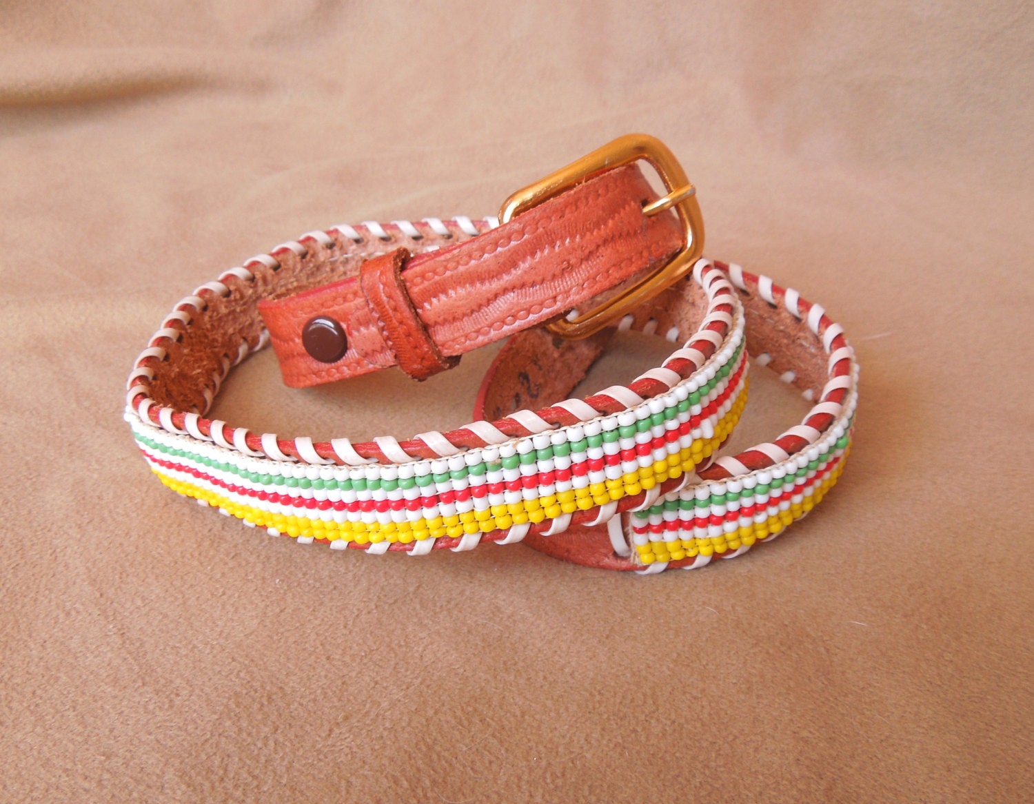 Vintage Indian Beaded Belt Small to Medium Tan Leather with