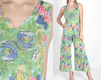 Vintage 70s Bright Abstract Floral Jumpsuit Draped Bell Bottom Boho Mod ...