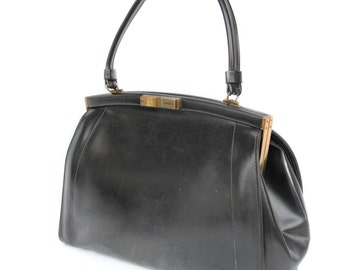 Audrey, French Vintage, 1950s Black Leather Envelope Handbag, from Paris