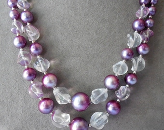 Purple Plastic & Glass Bead 1950s 2 Strand Choker Necklace KAE16