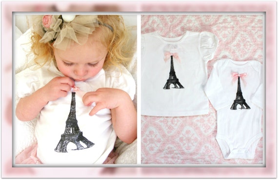 Baby Girl 1st Birthday Outfit Screen Printed Paris Eiffel Tower Tee / T-Shirt OR Bodysuit. Big Sister, Little Sister, Paris, Christmas Gift by ChicCoutureBoutique