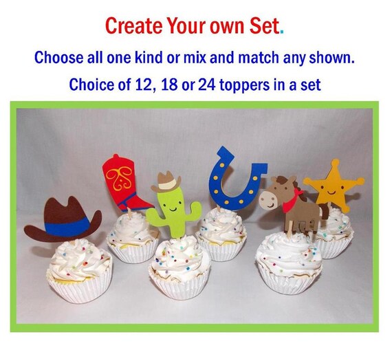 Cowboy Cupcake Toppers READY To SHiP Boot Hat Horse Horseshoe Sheriff badge Cactus red yellow blue brown Il_570xn