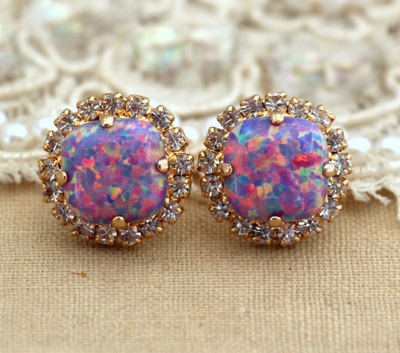 Opal Stud Earrings,Purple Opal Earrings,Swarovski Opal Earrings,Gift for her,Christmas,Free shipping,Fire Opal Earrings,Purple Earrings